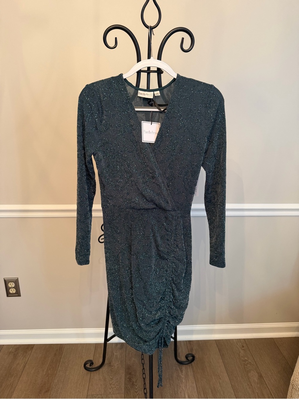 NWT Premier Amour Hunter Green Metallic Shimmer Faux Wrap Ruched Bodycon Dress - Picture 2 of 8